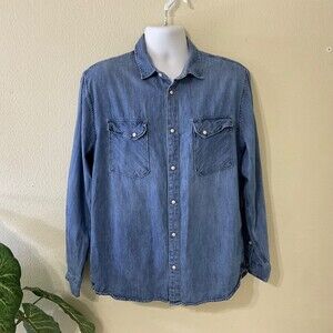 ZARA MAN Shirt Mens size LARGE (marked XL) Pearl Snap Blue Denim Sleeve Shirt